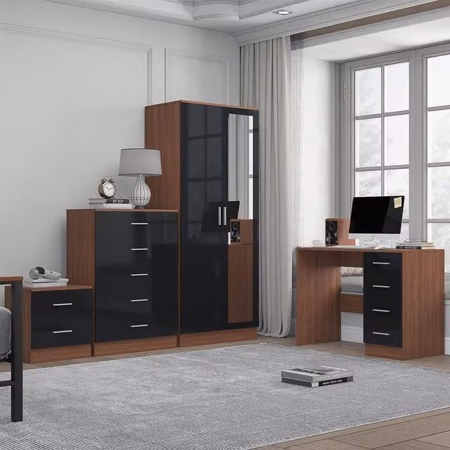 REFLECT Furniture Bundle including 2-Door Mirror, Chest, Bedside Table and Desk in Black Gloss and Matt Walnut