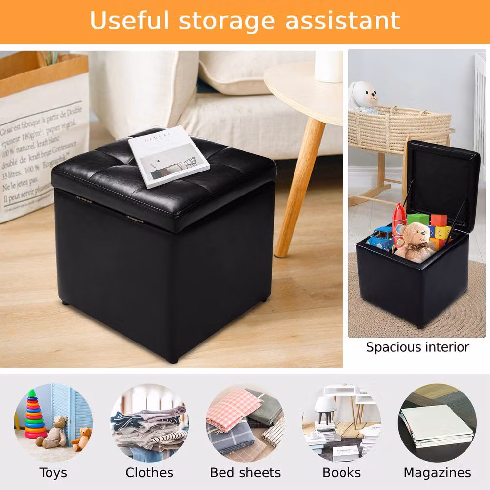 Costway Black Synthetic Leather Storage Stool with Lid – 7