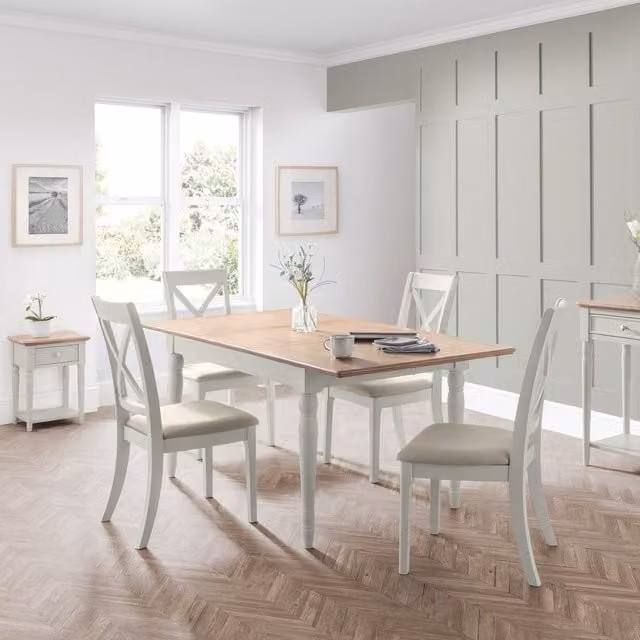Julian Bowen Provence Grey Antique Lacquered Wood Extendable Dining Table and 6 Chairs Set