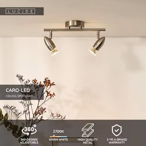 Lucide Caro-LED Adjustable Ceiling Spotlight in Satin Chrome with Warm White LED GU10 Bulbs – 2