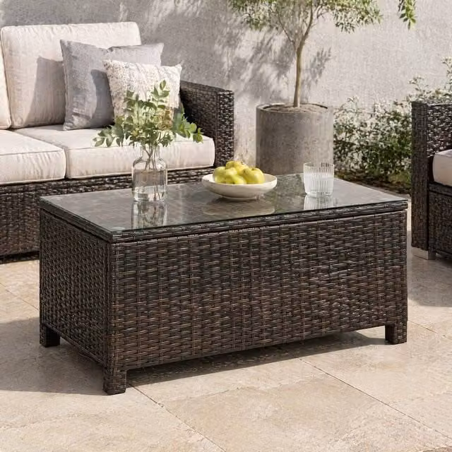 STILVORA Garden Coffee Table with Glass Top in Brown
