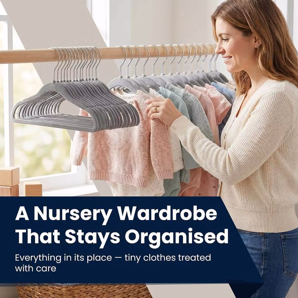 Sasha Morel Grey Velvet Baby Clothes Hangers with Swivel Hooks, 30 Pack – 7