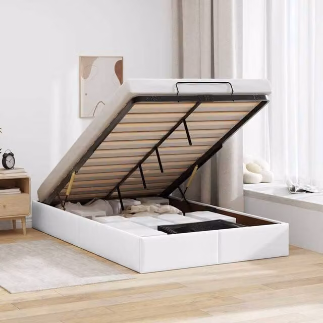 Berkfield Home Double Ottoman Bed Frame in White Faux Leather with Lift Up Base