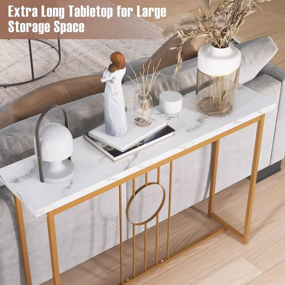 Costway Vogrex Modern Faux Marble Top Entryway Console Table in White and Gold, W/D/H: 120 x 81 x 40 cm – 2