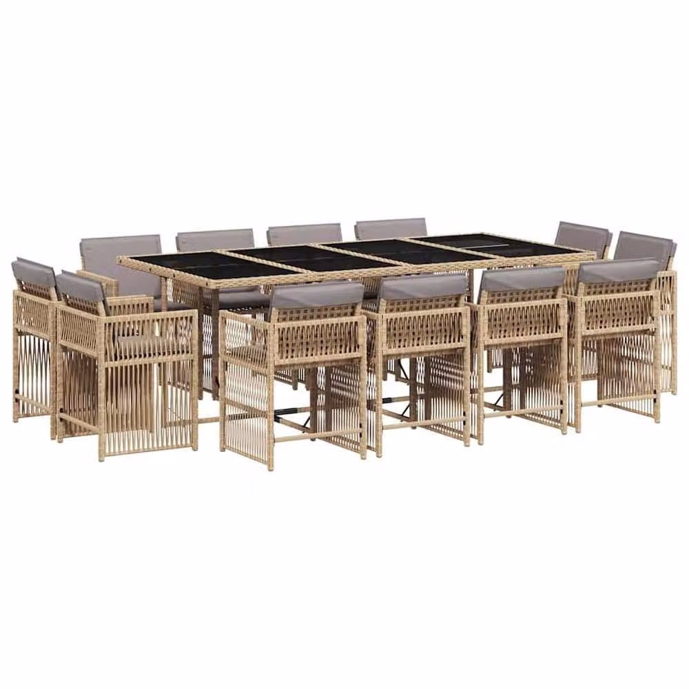 Berkfield Home 13 Piece Poly Rattan Garden Dining Set with Glass Table and Beige Cushions – 2