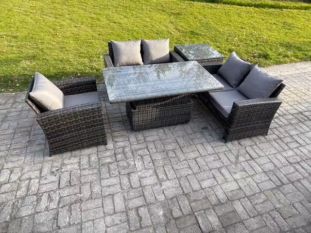 Fimous 5-Piece Rattan Outdoor Garden Furniture Set with Height Adjustable Rising Table and Side Table in Dark Grey Mixed