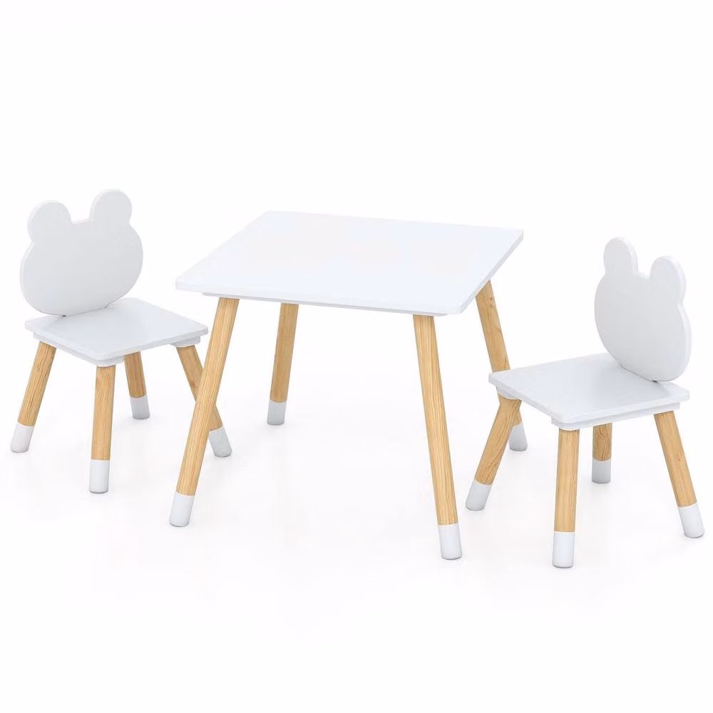 Costway 3 Piece White Wooden Kids Table and Chairs Set – 2