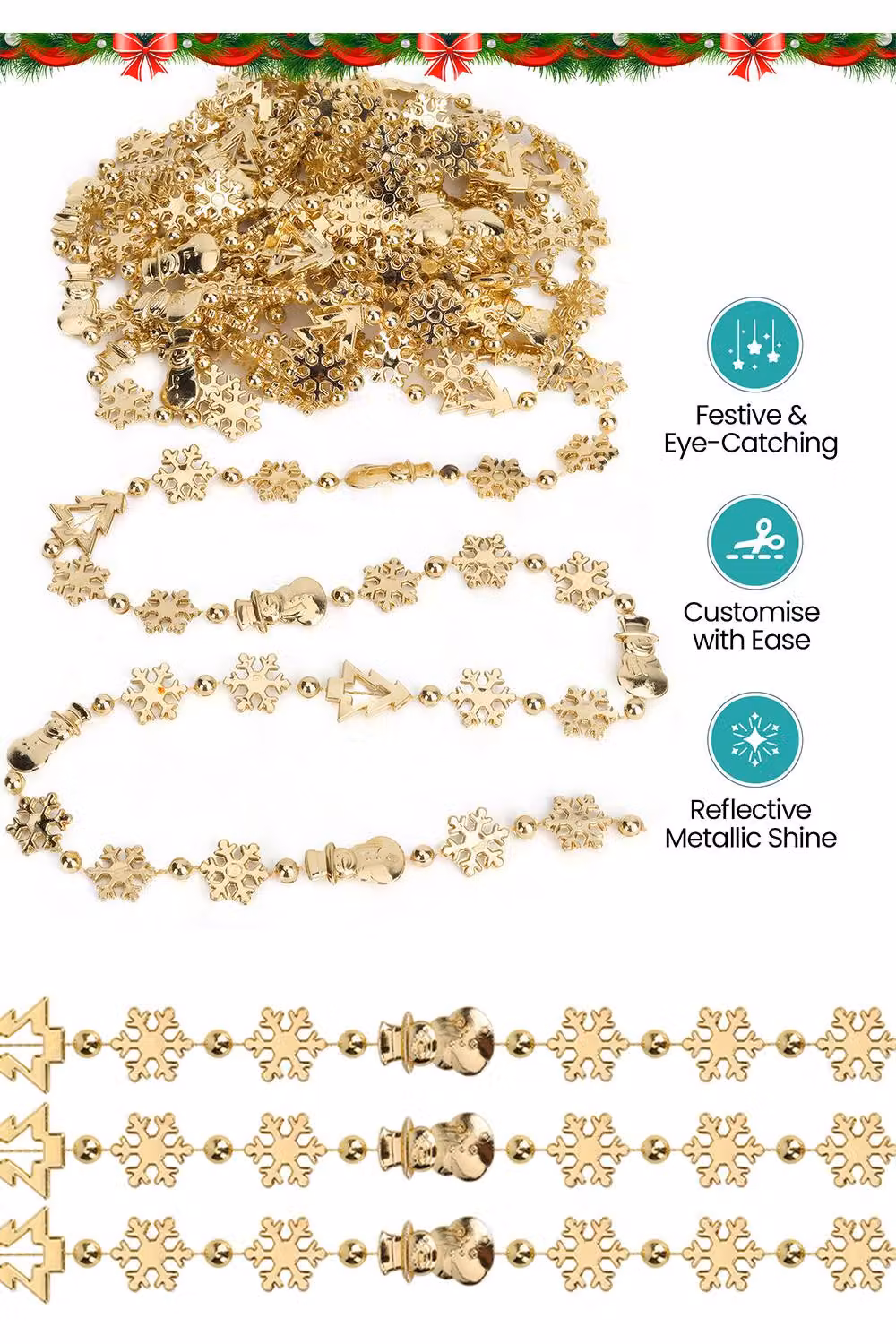 Neel Blue Christmas Bead Chain Garland with Gold Beads and Snowflake Motifs – 2