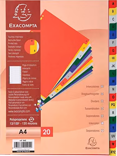 Exacompta A4 Multicolour Plastic Alphabetical Dividers with 20 PP Tabs A-Z