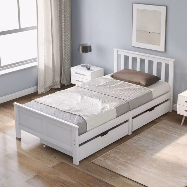 Merax Single Solid Pine Wooden Storage Bed Frame with 2 Drawers, White, W/D/H: 90 x 190 cm
