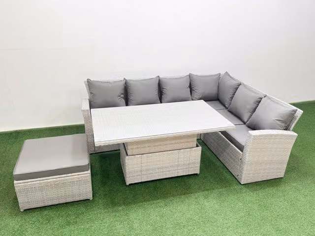 Fimous 7 Seat Rattan Garden Furniture Set with Corner Sofa, Armchair and Ottoman in Light Grey