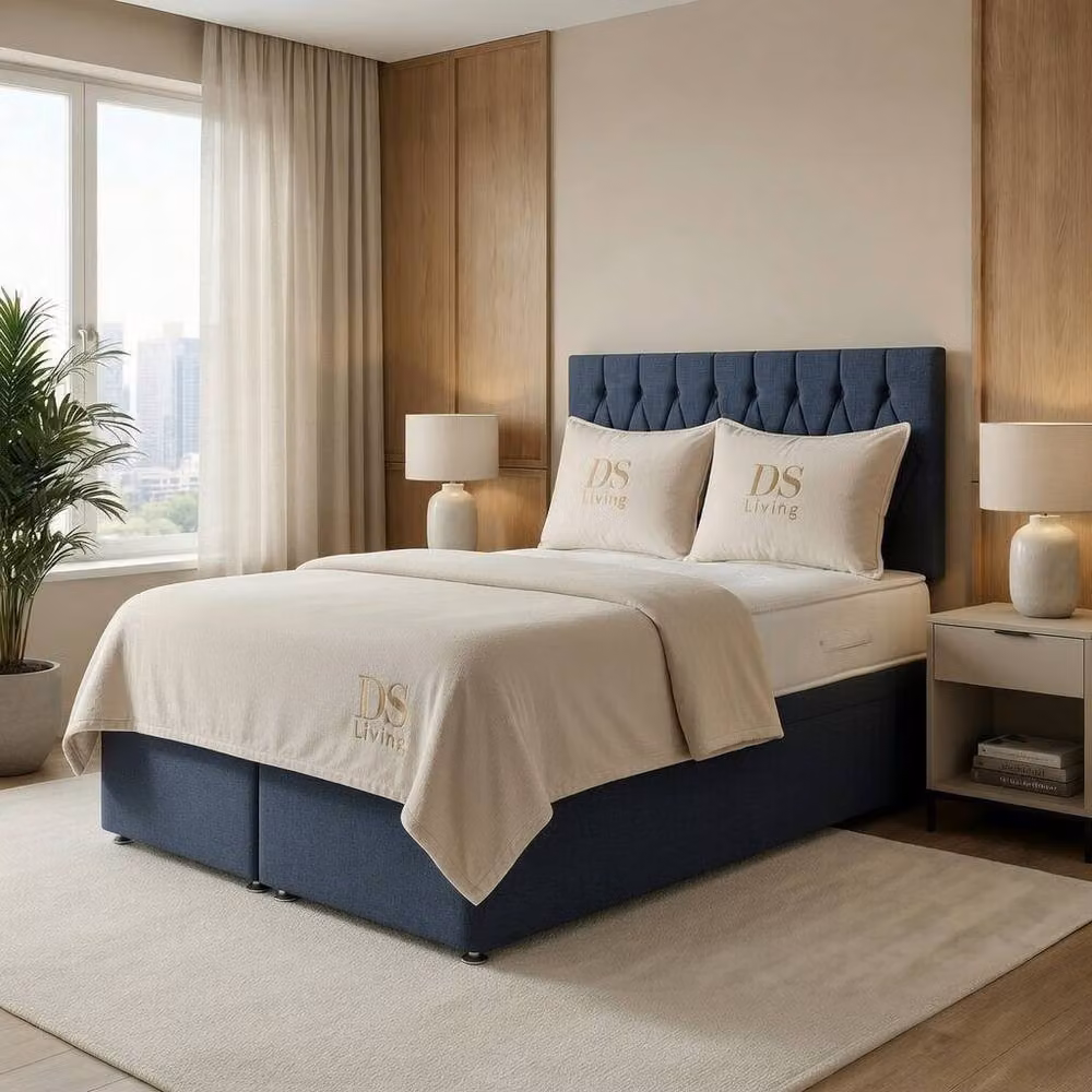 DS Living Diamond Denim Upholstered Divan Bed in Blue, W/D/H: 140 x 200 cm – 3