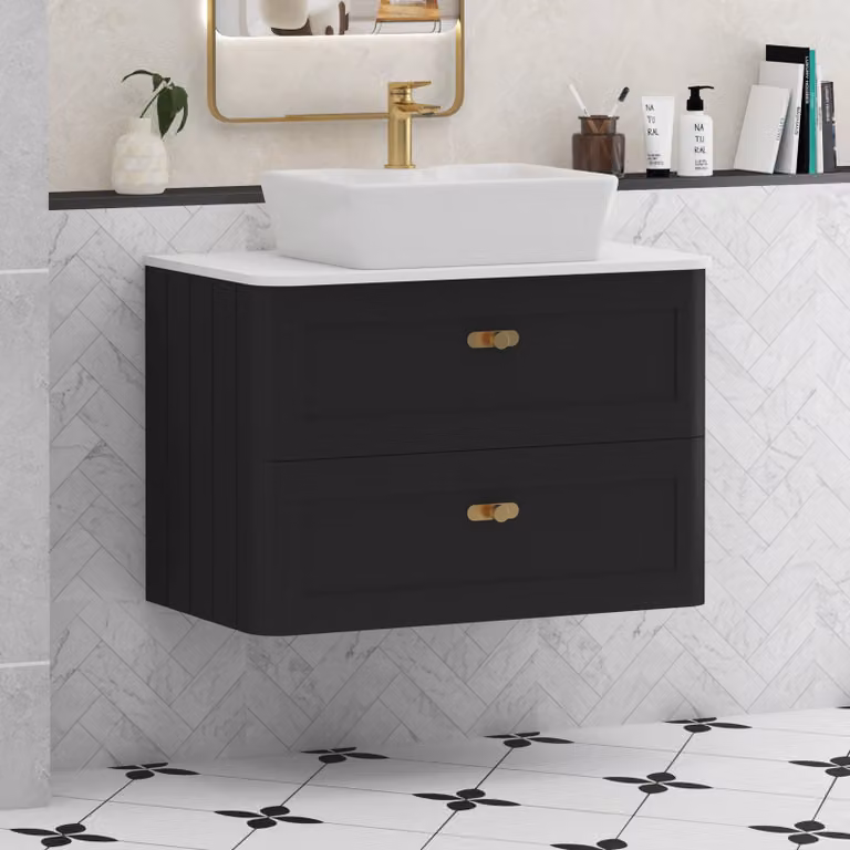 Royal Bathrooms Henley 800mm Matt Nocturne Black Wall Hung 2 Drawer Vanity Unit with Plain White Worktop and Brushed Brass Knob