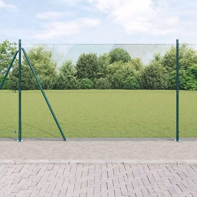 Berkfield Home Green Steel Welded Wire Fence with 7 Flanged Posts, W: 10 m, H: 1.6 m – 1