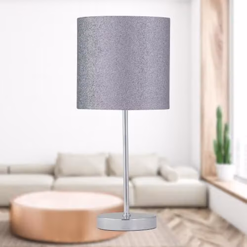 First Choice Lighting Set of 2 Chrome Table Lamps with Grey Fabric Shades – 3