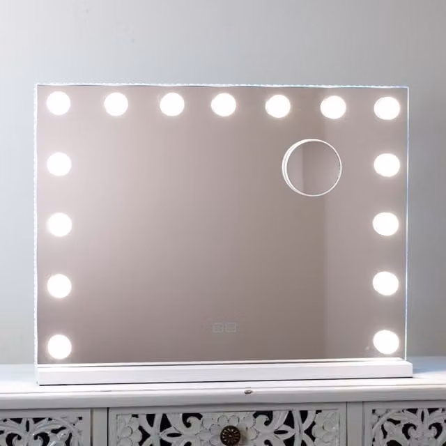 Downton Interiors Soho Collection White Modern LED Hollywood Vanity Tabletop Dressing Mirror with Bulbs, Width: 58 cm