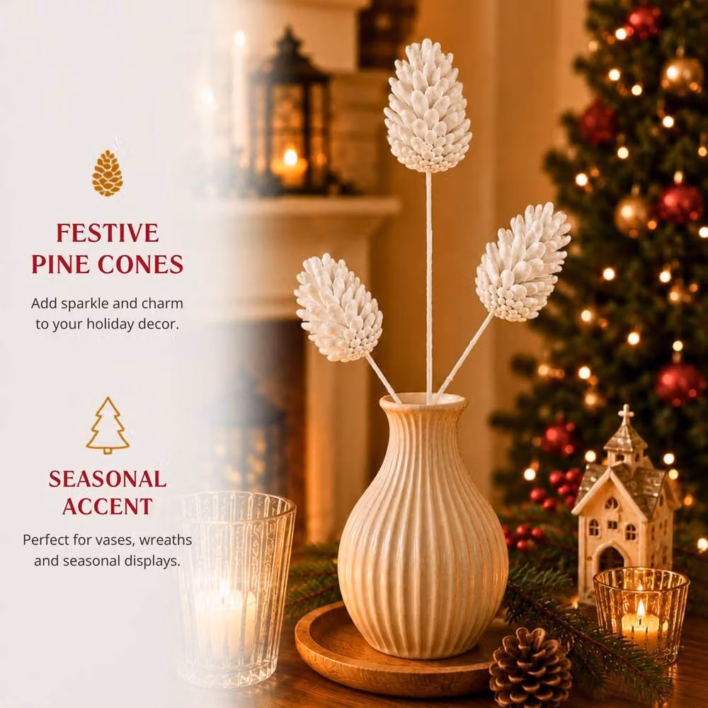 Shatchi Glitter White Pine Cone Christmas Picks, 12 Pack, Length: 58 cm – 5