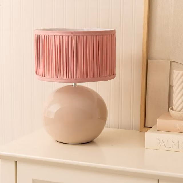 ValueLights Bosco Stone Ceramic Table Lamp with Ruched Pleated Fabric Drum Shade in Blush Pink