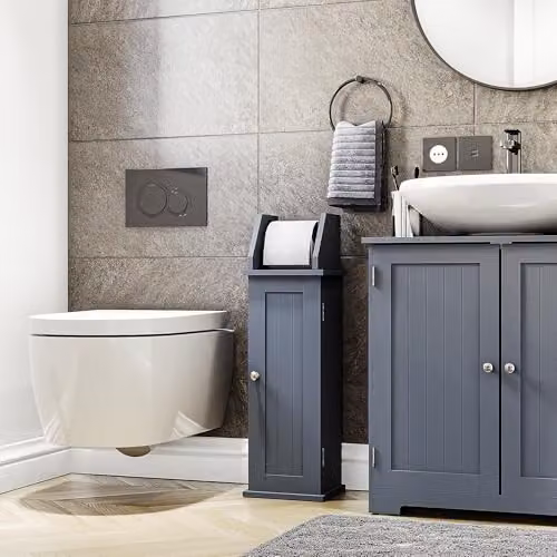 Bath Vida Freestanding Toilet Roll Holder and Cupboard Bathroom Storage, Grey, H 68 x W 21 x D 18 cm – 5