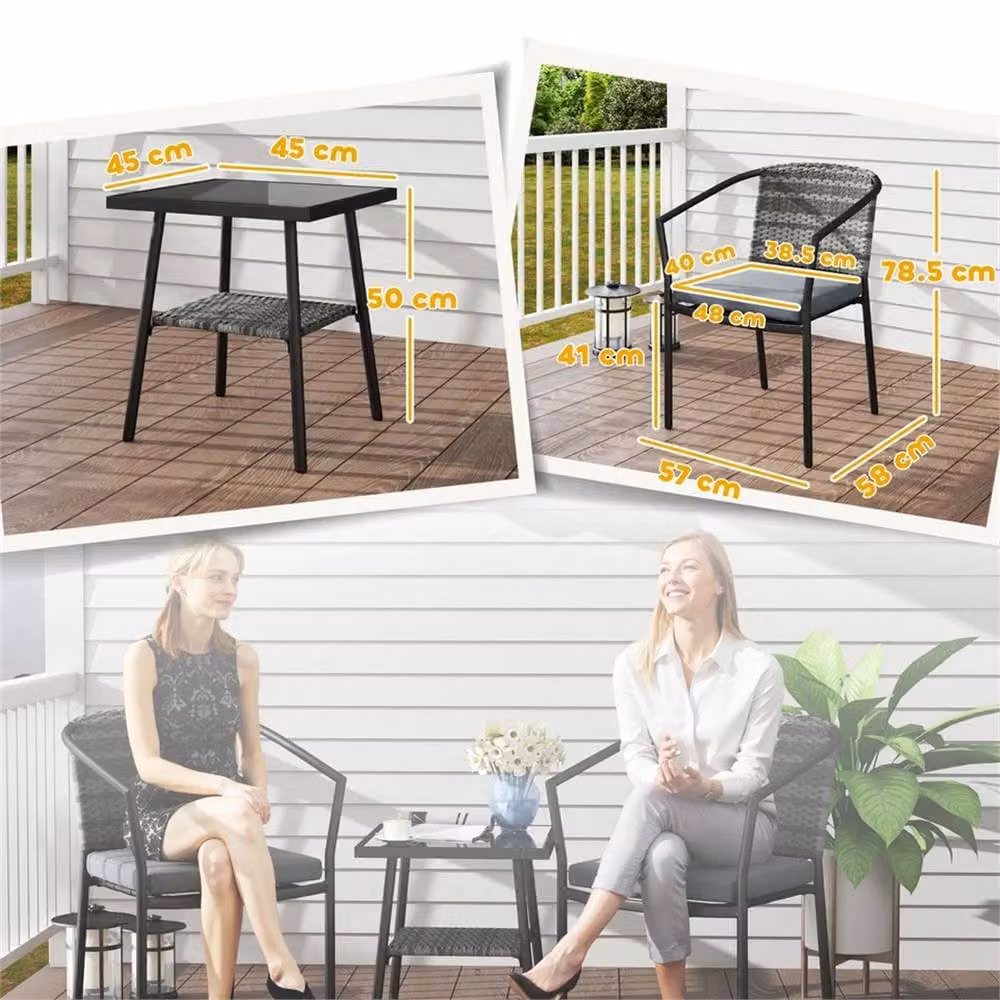 Nordara 3 Piece Rattan Bistro Set with Glass Top Table and Grey Cushions, W: 100 cm, D: 60 cm, H: 60 cm – 2