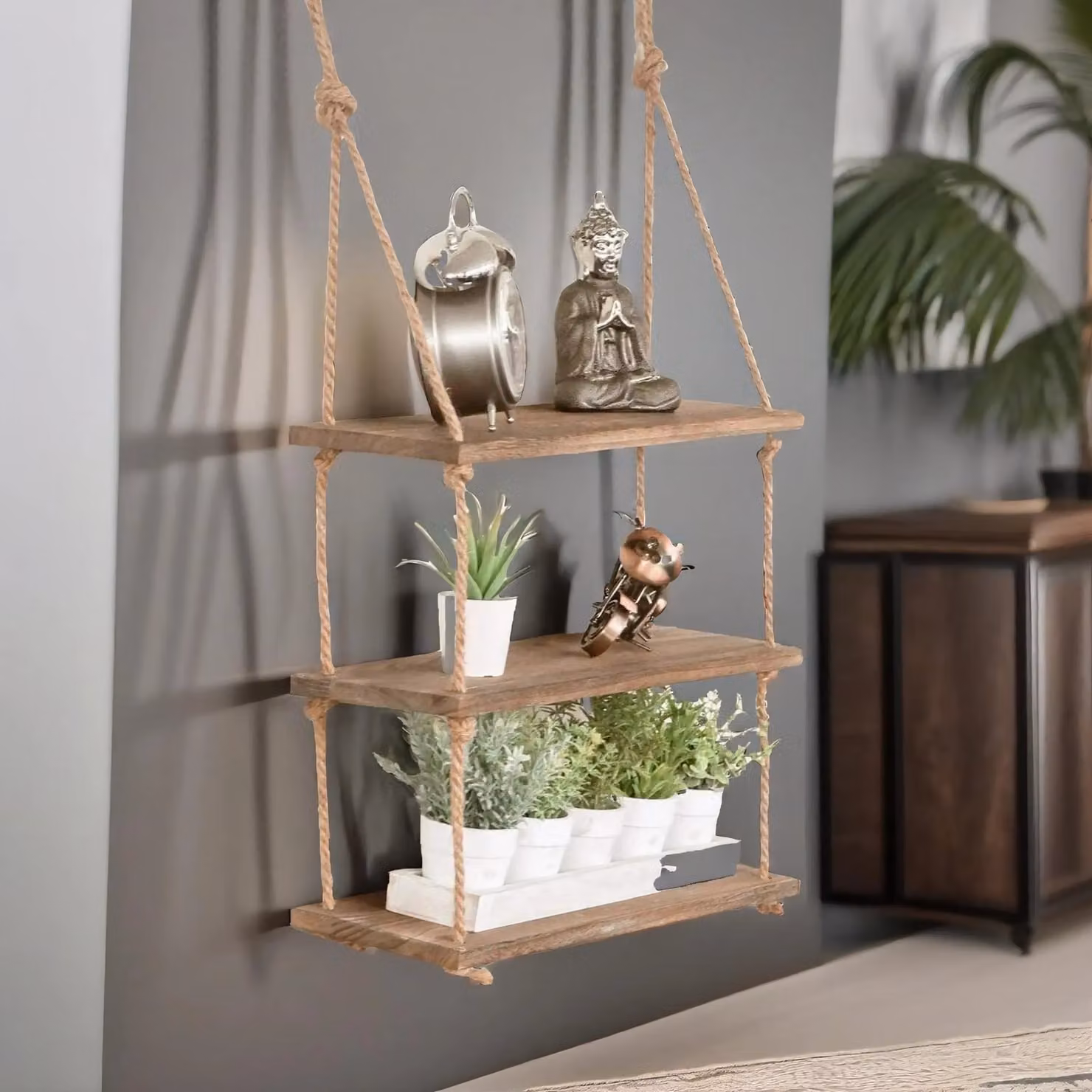 Rafaelo Mobilia 3 Tier Rustic Brown Wooden Hanging Wall Mounted Shelves with Rope Detail – 2