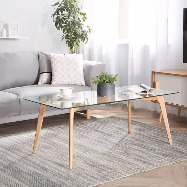 Wyld and Coco Rectangular Glass-Top Coffee Table with Beech Legs, W: 120 cm, D: 60 cm, H: 46 cm, Transparent