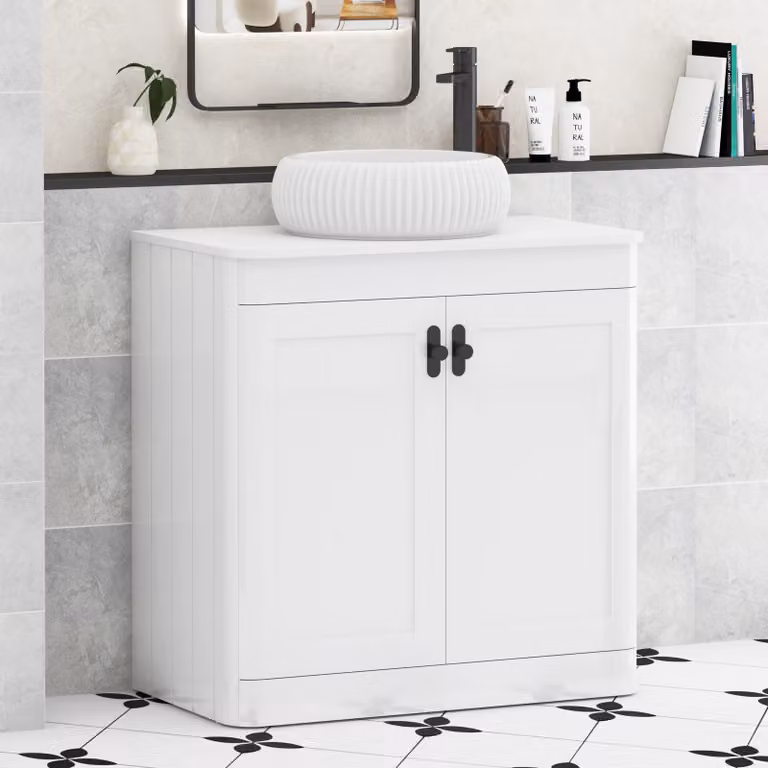 Royal Bathrooms Henley 800mm Gloss White Floor Standing 2 Door Vanity Unit with Plain White Worktop, Milan Basin and Matt Black Knob