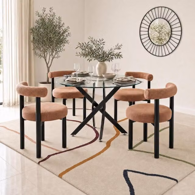 Furniturebox UK Novara Round Glass Dining Table with 4 Isola Chairs in Black and Terracotta
