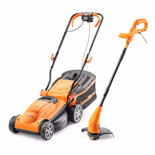 LawnMaster 1400W Orange Electric Lawnmower and Grass Trimmer Set with Collection Bag and Fixed Steel Blade, Corded Mains