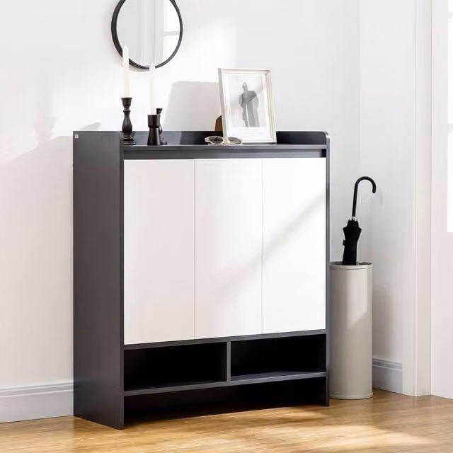 STILVORA Modern Grey Shoe Cabinet with Open Shelves and Hinged Doors – 1