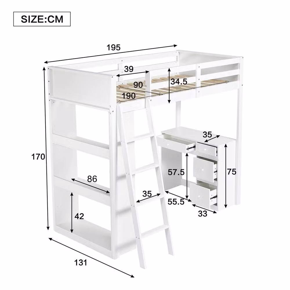 STILVORA Single Bed Frame with Storage Drawers and Steps in White – 2