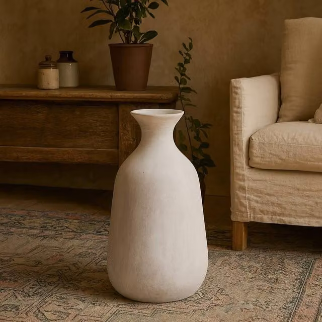 Wyld Haus Terra White and Beige Ceramic Stoneware Bottle Vase with Textured Stone Finish, H: 39.0 cm, W: 33.0 cm, D: 33.0 cm