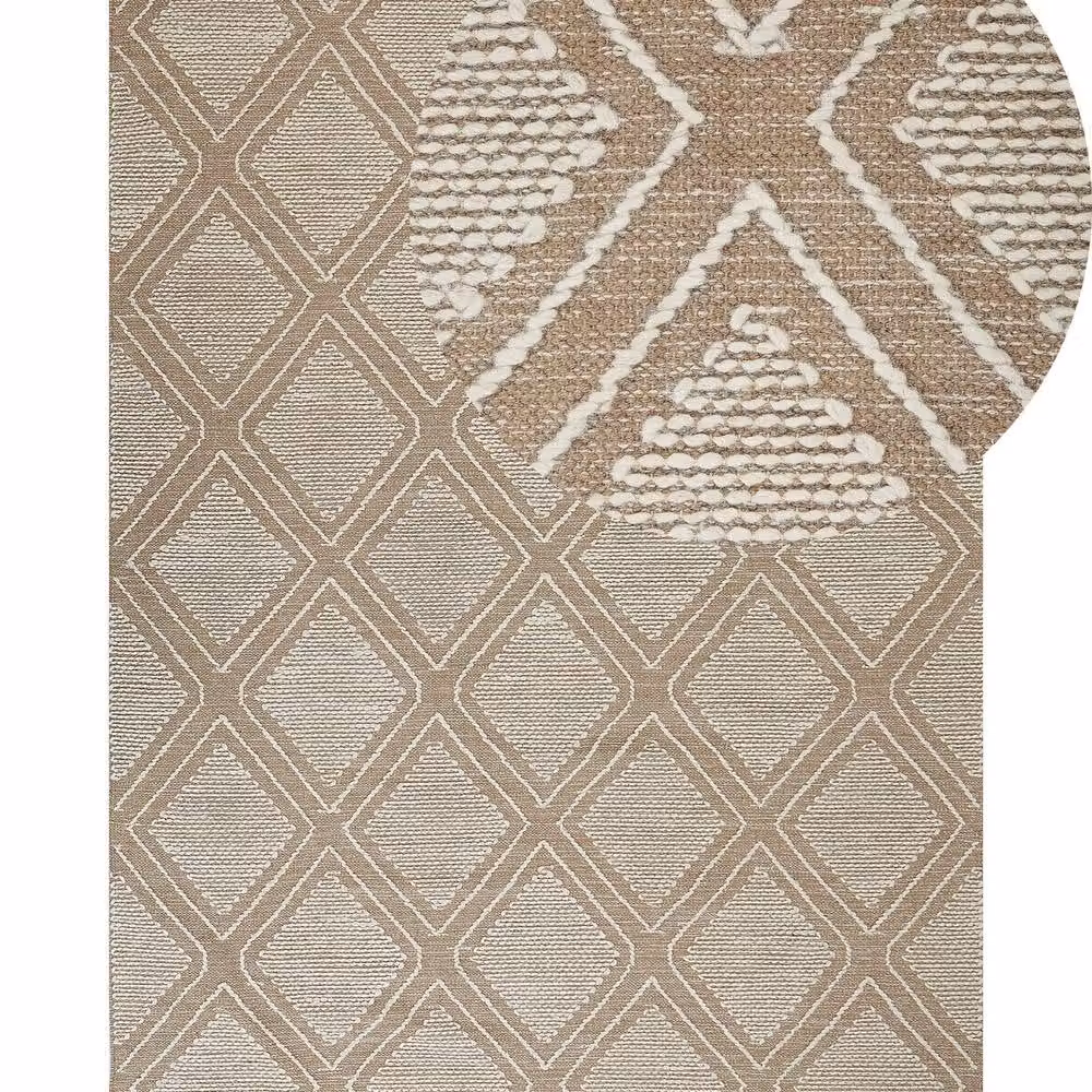 Wyld and Coco Geometric Woven Cotton and Wool Rug in White and Beige with Fringes, W: 160 cm, D: 230 cm – 2