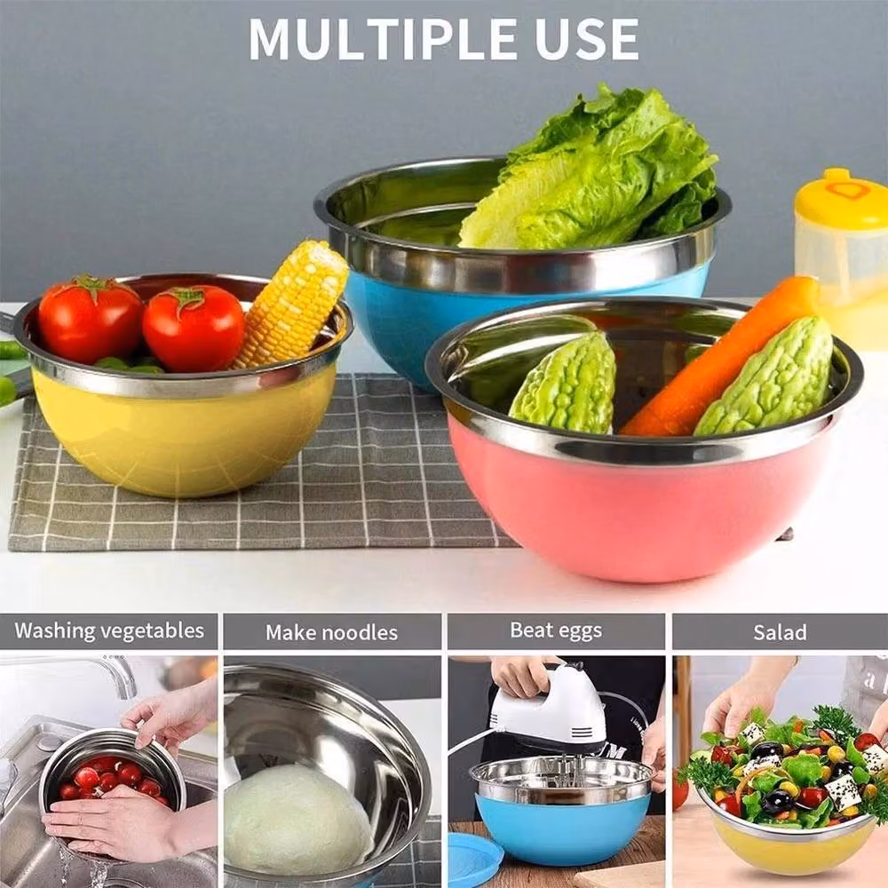 FLAVORA 5-Piece Stainless Steel Round Mixing Bowl Set in Silver and Multicolour – 3