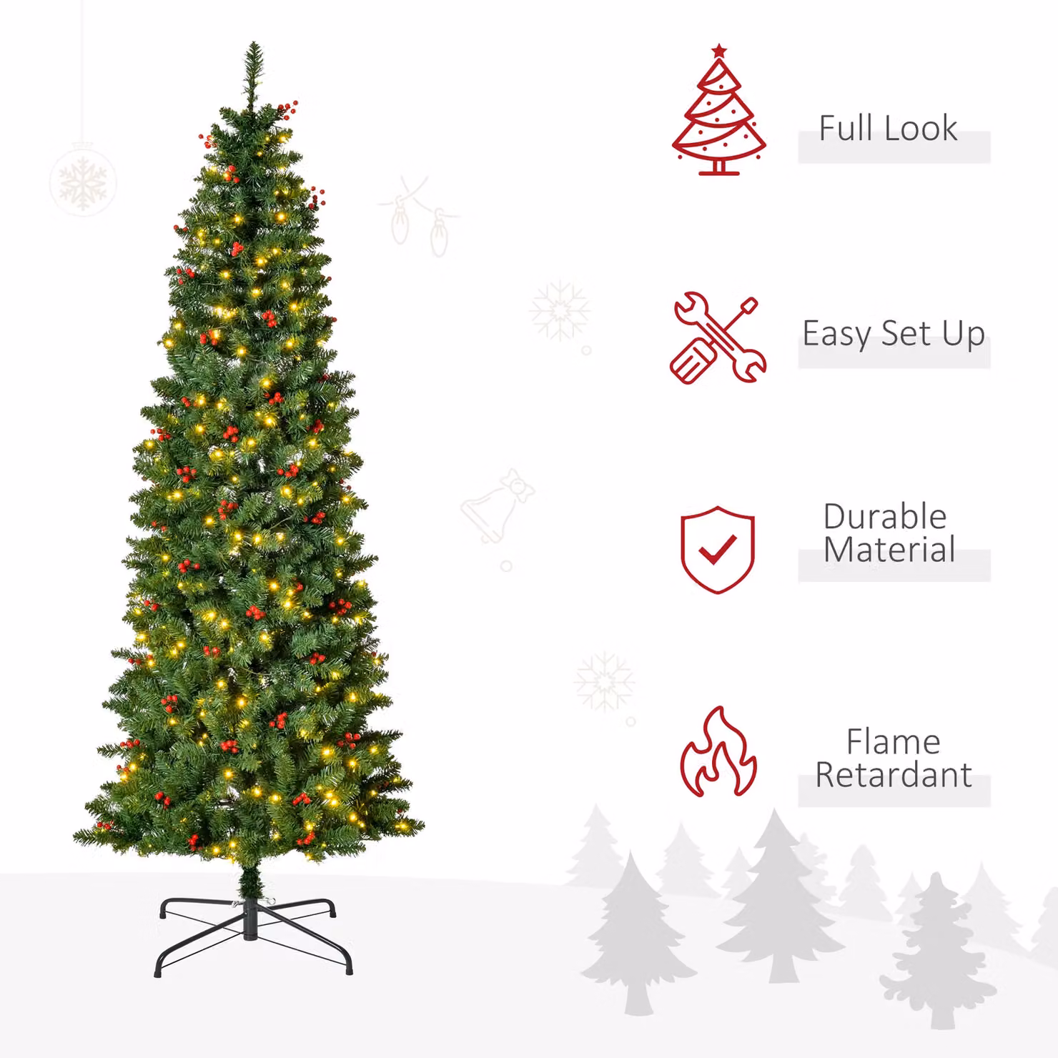 HOMCOM 7ft Artificial Pencil Christmas Tree with Warm White LED Lights and Red Berry Decor in Green – 4