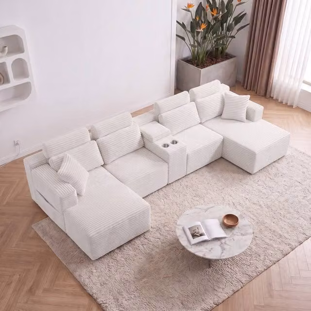 Merax 370cm U-Shape Modular Corner Sofa with Chaise and Cup Holders in Off-White