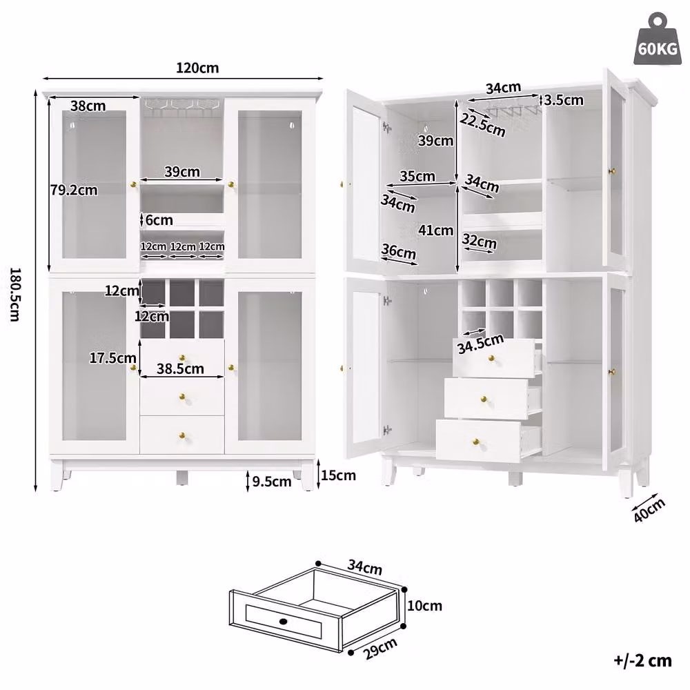 BTM Modern Glossy White Wine Cabinet with LED Lighting, Glass Doors and Internal Drawers, W/D/H: 120 x 40 x 180.5 cm – 3