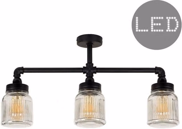 ValueLights Luiggi Black Industrial Bar Ceiling Light with Transparent Glass Ribbed Shades and Included Bulbs – 1