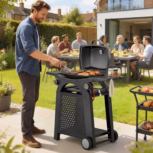 Outsunny 2 Burner Gas Grill with 2 Detachable Side Tables and Cast Iron Grates, Black
