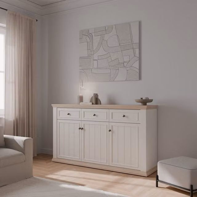 Furniture To Go Pontypool 3 Drawer and 3 Door Sideboard in White and Riva Oak