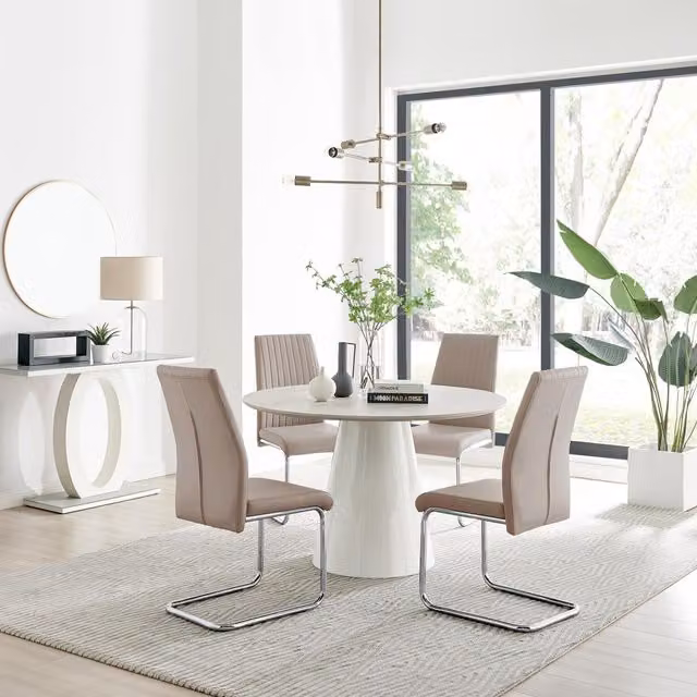 FurnitureboxUK Palma Beige Stone Effect Round Dining Table and 4 Lorenzo Chairs in Cappuccino