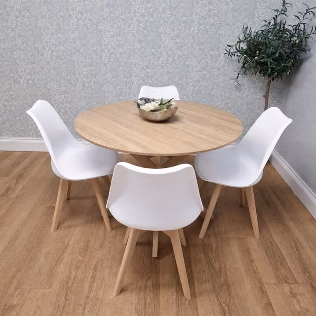 Kosy Koala 5 Seater Round Dining Set with Brown Wood Effect Table and 4 White Chairs