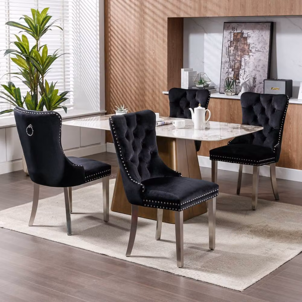 HomeTouch Winchester Set of 6 Black Velvet Upholstered Kitchen Dining Chairs with Silver Chrome Legs – 3