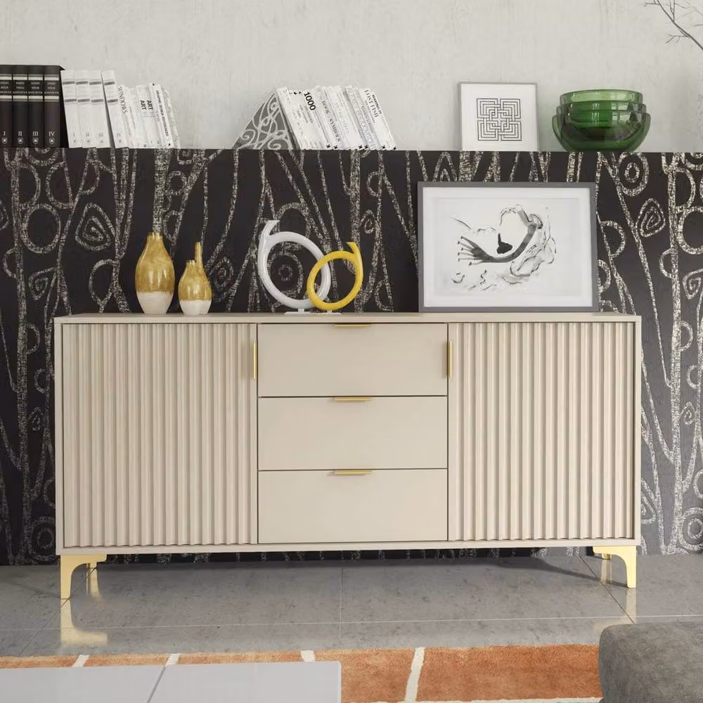 FORGEVIO Modern TV Unit Sideboard Cabinet with Fluted Doors and Drawers in Beige – 3