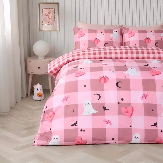 OHS Halloween Gingham Reversible Microfibre Duvet Cover and Pillowcase Set, Pink, W: 90 cm x L: 190 cm