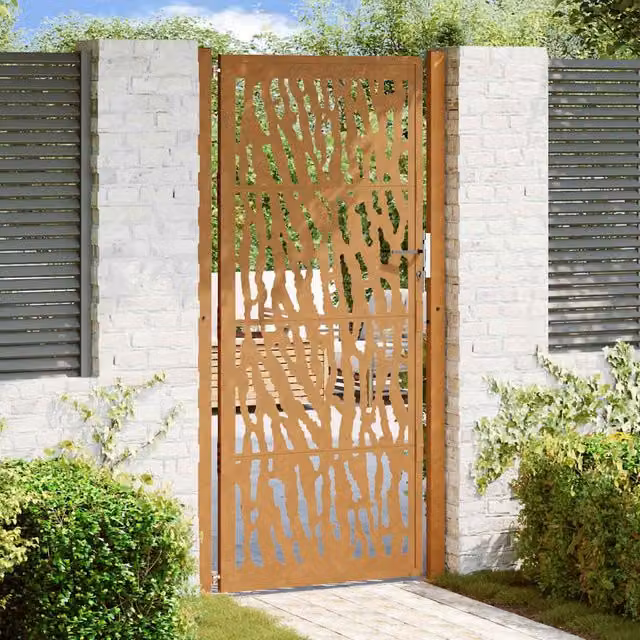 Berkfield Home Garden Gate in Brown Weathering Steel with Trace Design, W: 105 cm, H: 205 cm