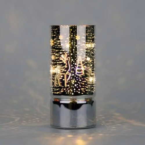 Shatchi Forest Firework Christmas LED Table Lamp, Iridescent Etched Glass Cylinder Vase, Red and Gold, Height: 17 cm