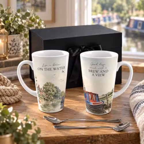 Purely Home Canal Boating Tall Latte Mugs and Spoons Gift Boxed Set, Multicolour – 2