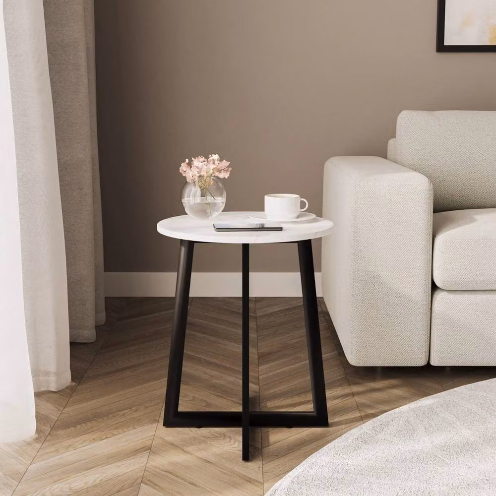 Havendro White Marble Look Round Coffee Table with Steel Frame, W/D/H: 50 x 50 x 40 cm – 3