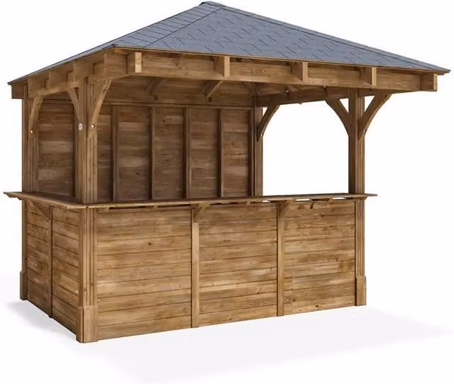 Dunster House Leviathan Wooden Garden Bar Outdoor Pub Shed in Brown with Black Bitumen Roof Shingles, W: 300 cm, D: 300 cm, H: 212 cm